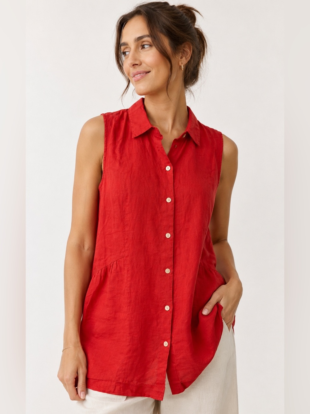 J.Jill Love Linen Red Button Down Sleeveless Tunic Top 100% Linen Sz S